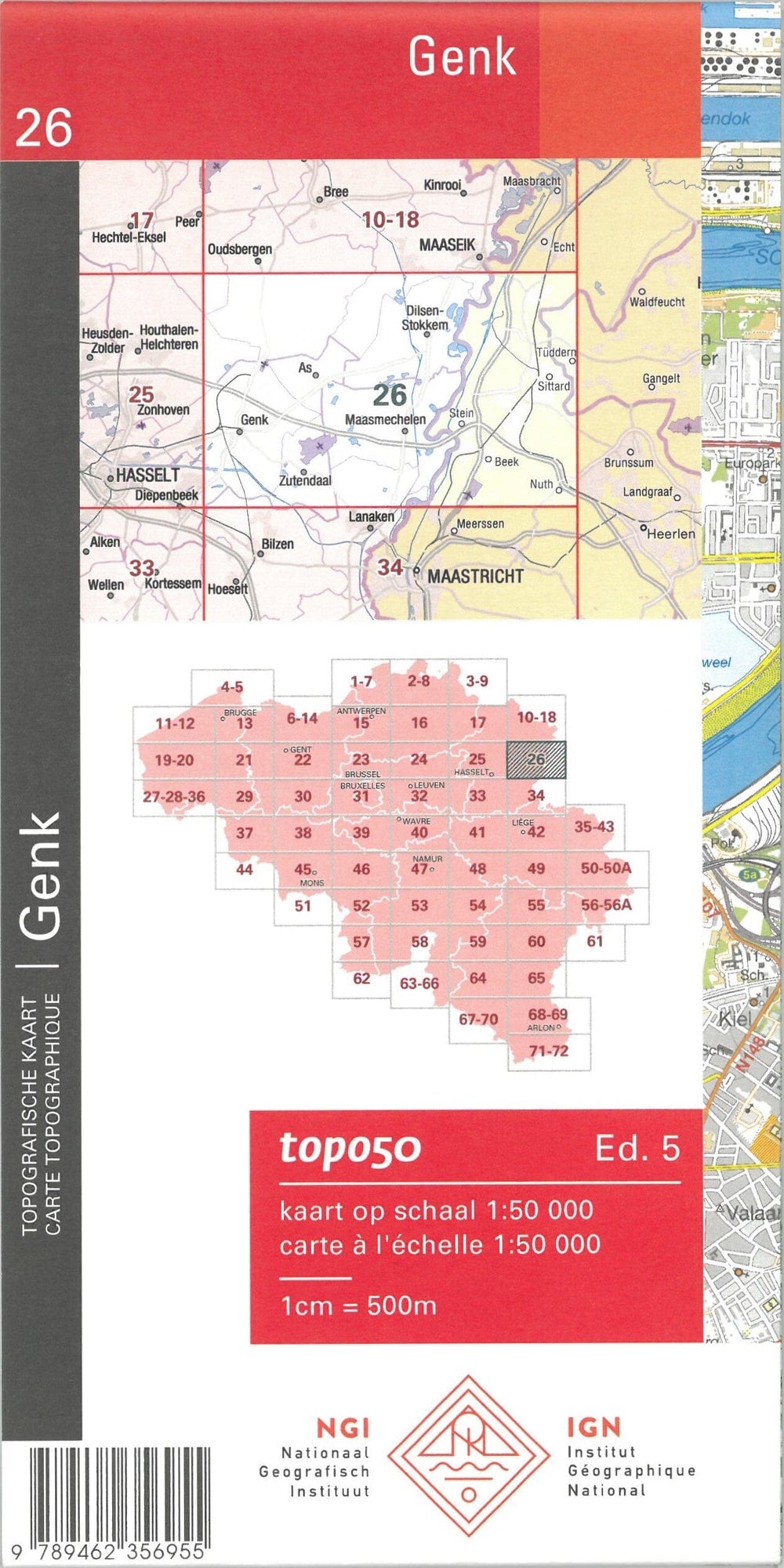 Carte topographique n° 26 - Genk (Belgique) | NGI - 1/50 000 carte pliée IGN Belgique 