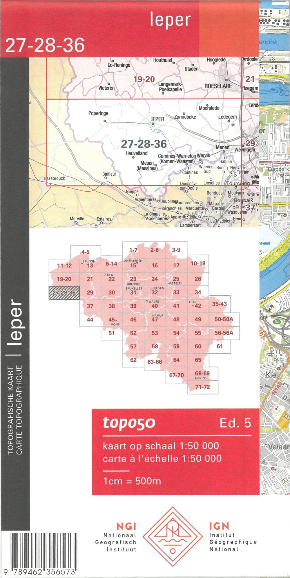 Carte topographique n° 27-28-36 - Leper (Belgique) | NGI - 1/50 000 carte pliée IGN Belgique 