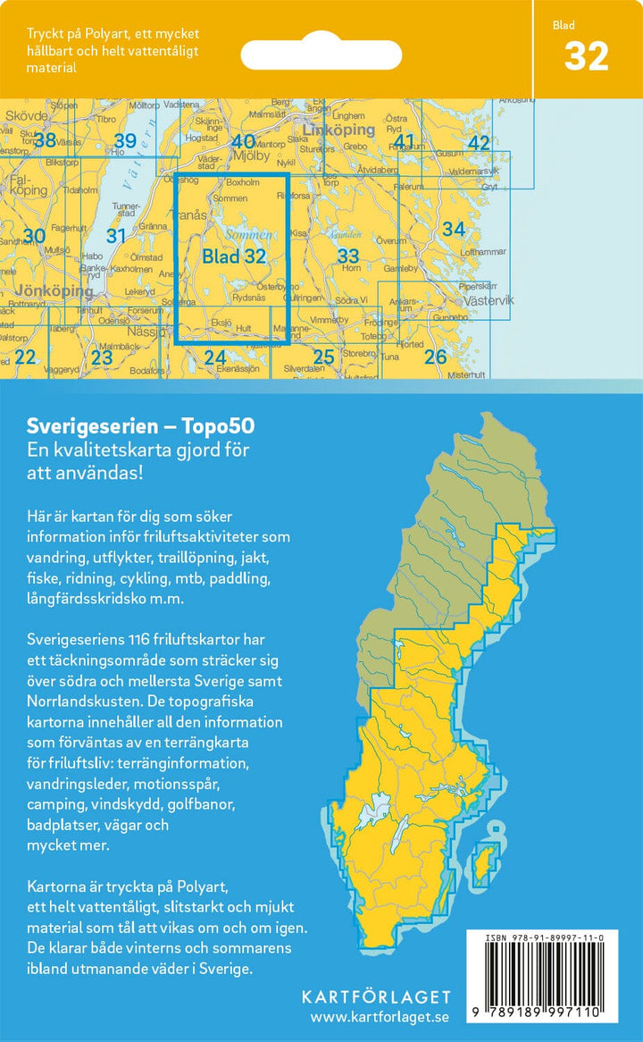 Carte topographique n° 32 - Tranås (Suède) | Norstedts - Sverigeserien carte pliée Norstedts 