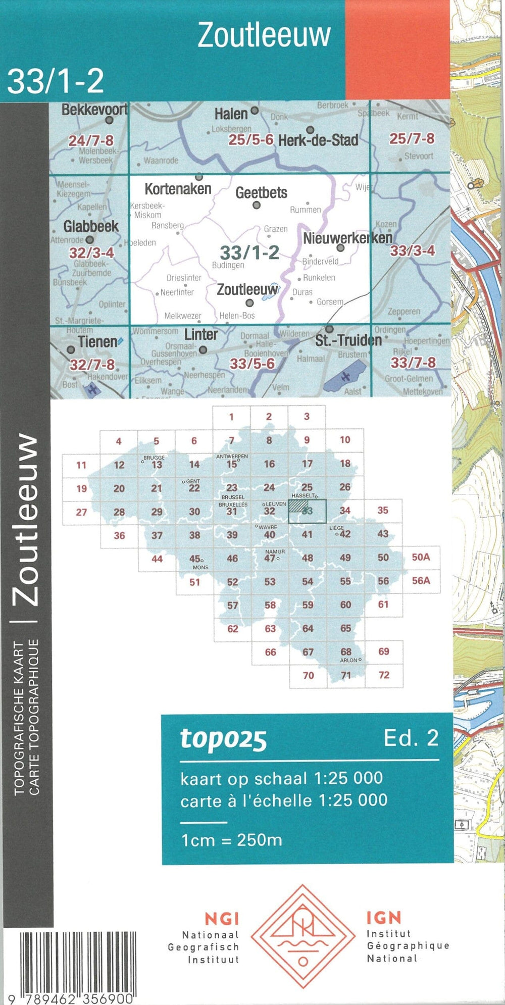 Carte topographique n° 33/1-2 - Zoutleeuw (Belgique) | NGI topo 25 carte pliée IGN Belgique 