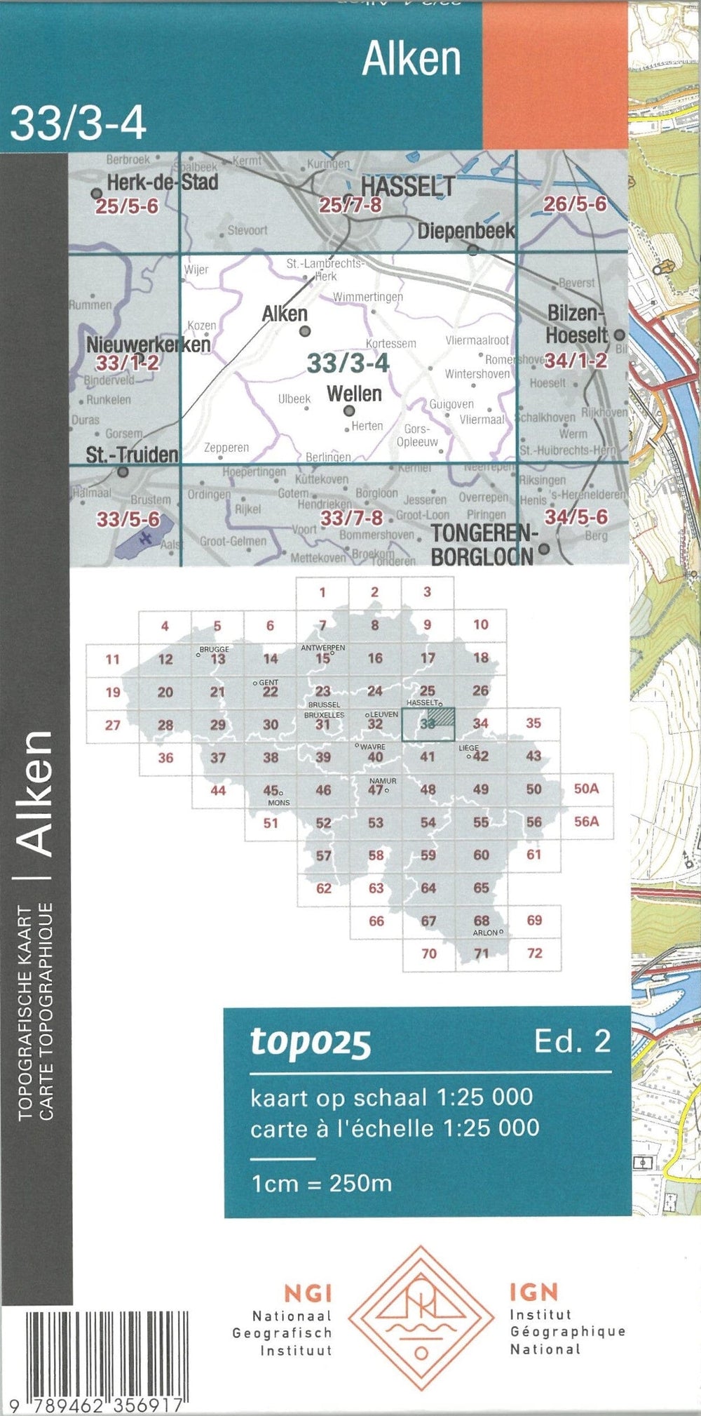 Carte topographique n° 33/3-4 - Alken (Belgique) | NGI topo 25 carte pliée IGN Belgique 