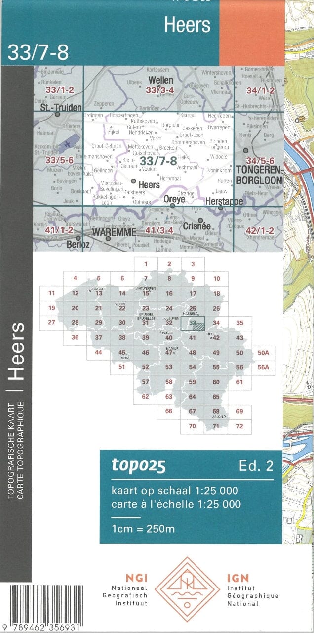 Carte topographique n° 33/7-8 - Borgloon (Belgique) | NGI topo 25 carte pliée IGN Belgique 