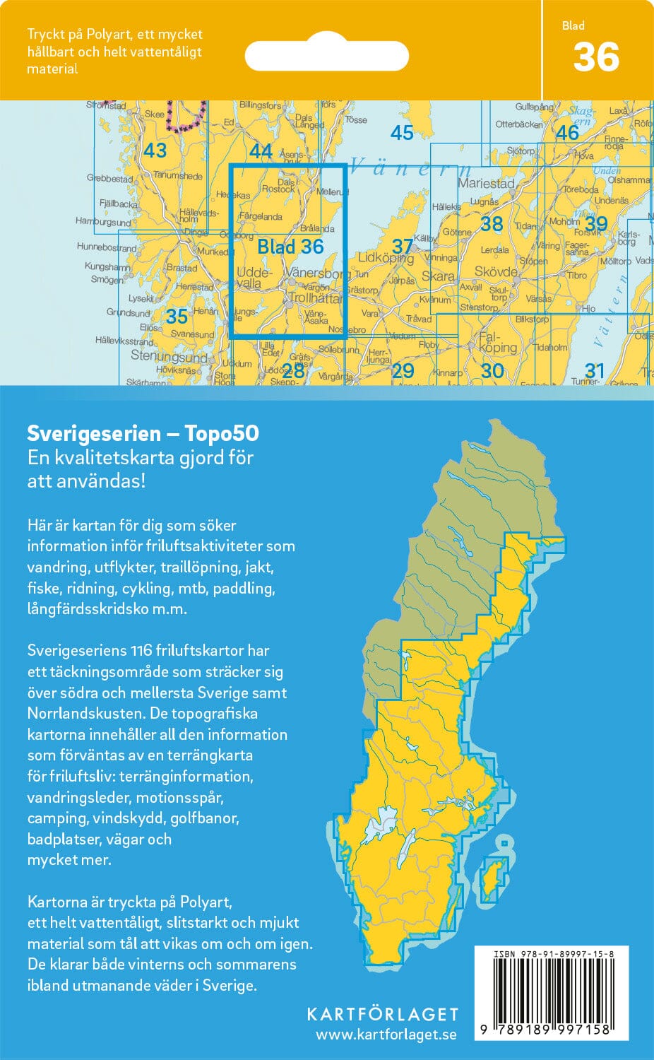 Carte topographique n° 36 - Trollhättan (Suède) | Norstedts - Sverigeserien carte pliée Norstedts 