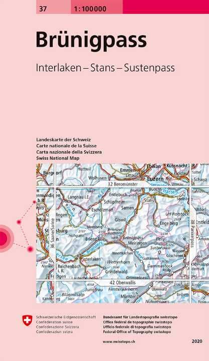 Carte topographique n° 37 - Col de Brünig (région de Meiringen, Suisse) | Swisstopo - 1/100 000 carte pliée Swisstopo 