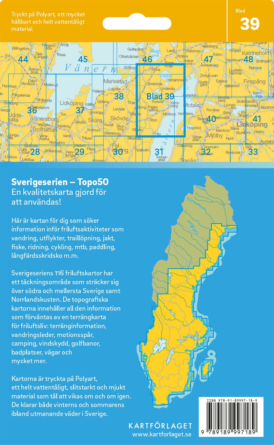 Carte topographique n° 39 - Karlsborg (Suède) | Norstedts - Sverigeserien carte pliée Norstedts 
