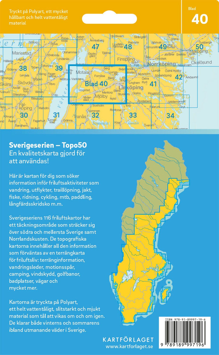 Carte topographique n° 40 - Linköping (Suède) | Norstedts - Sverigeserien carte pliée Norstedts 