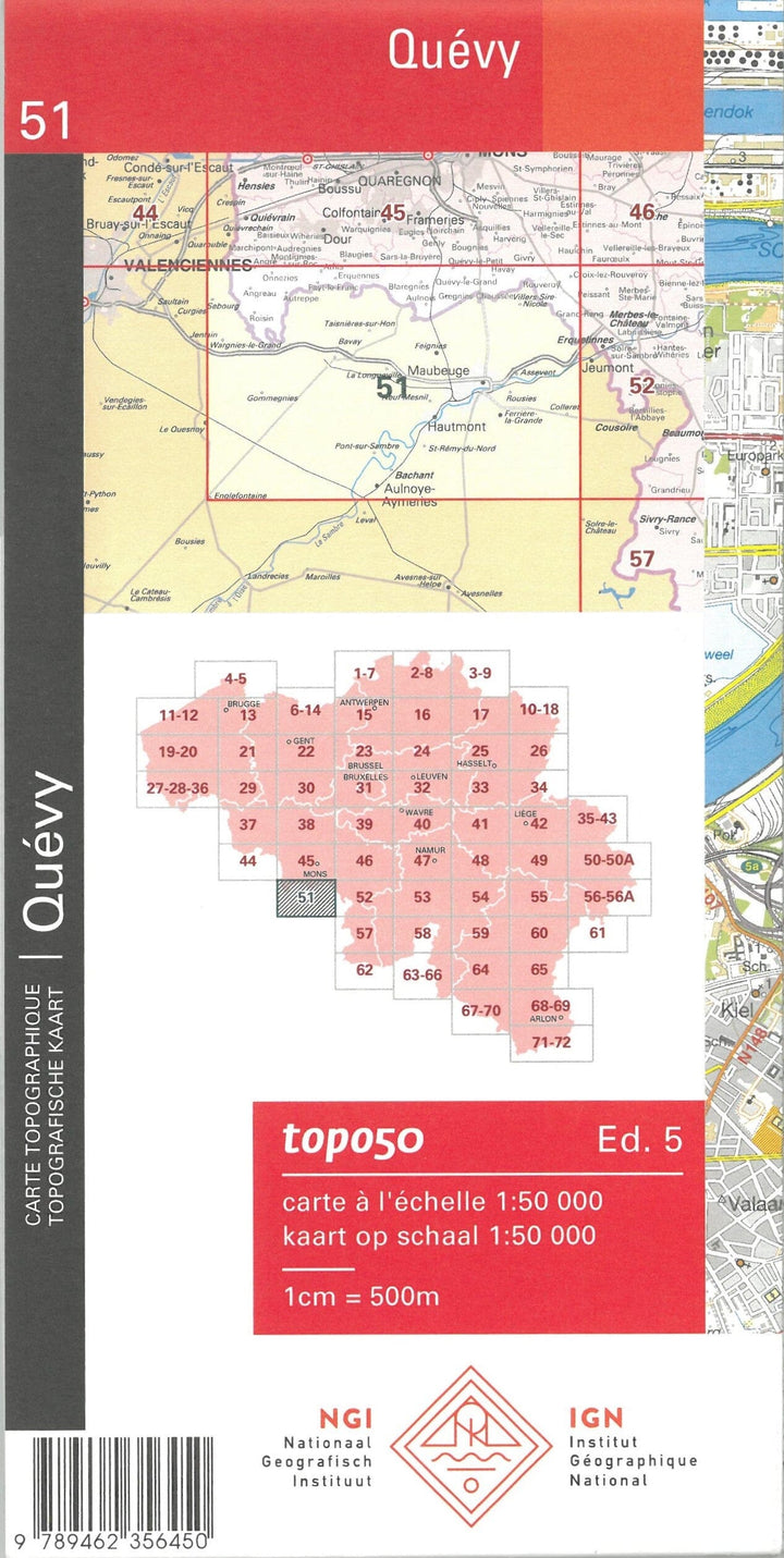 Carte topographique n° 51 - Quévy (Belgique) | NGI - 1/50 000 carte pliée IGN Belgique 