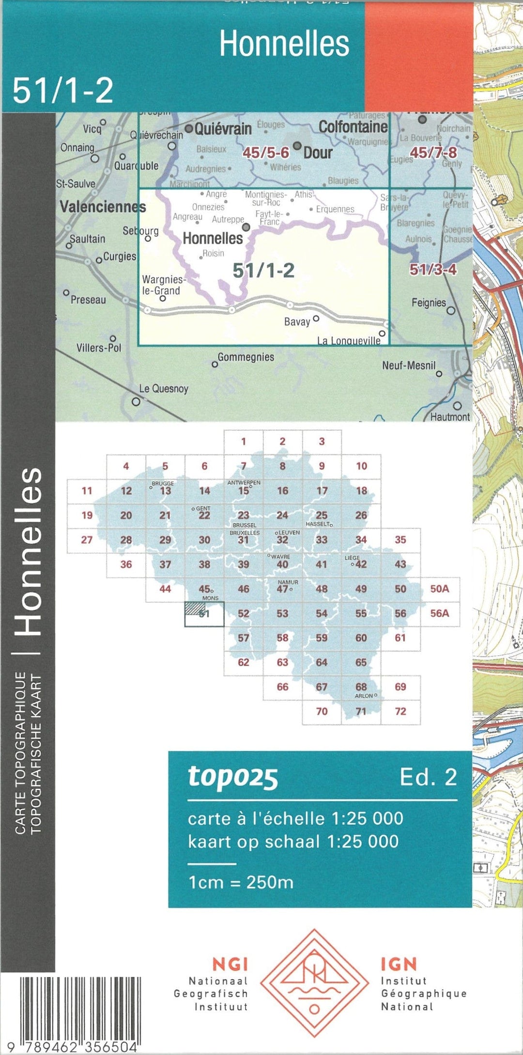 Carte topographique n° 51/1-2 - Honnelles (Belgique) | NGI topo 25 carte pliée IGN Belgique 