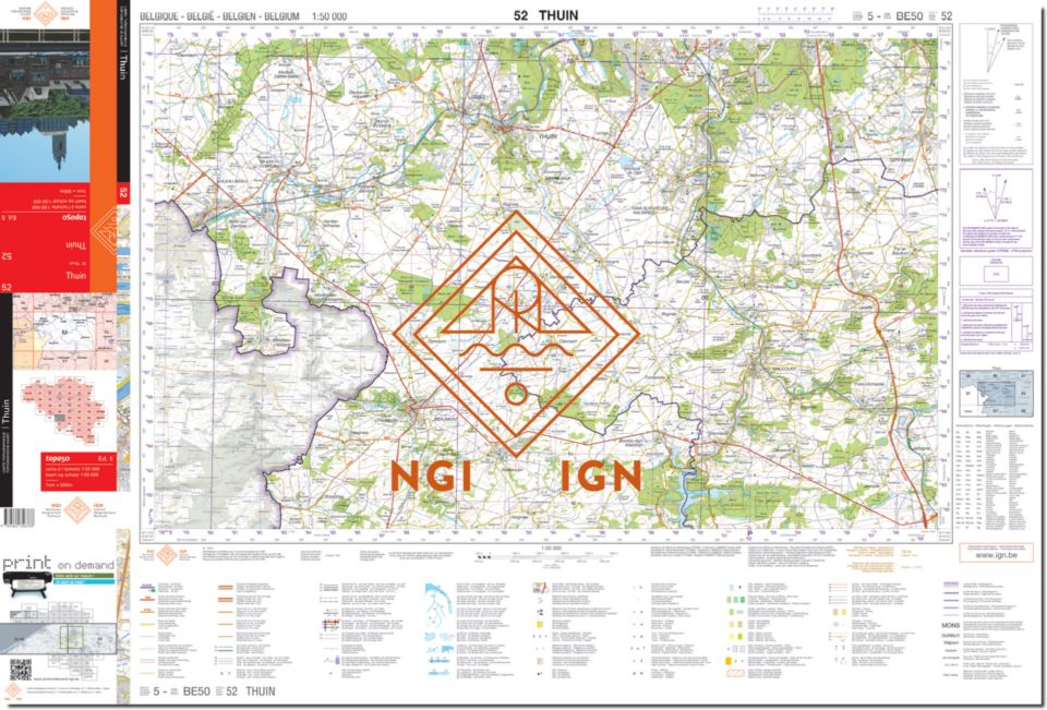 Carte topographique n° 52 - Thuin (Belgique) | NGI - 1/50 000 carte pliée IGN Belgique 