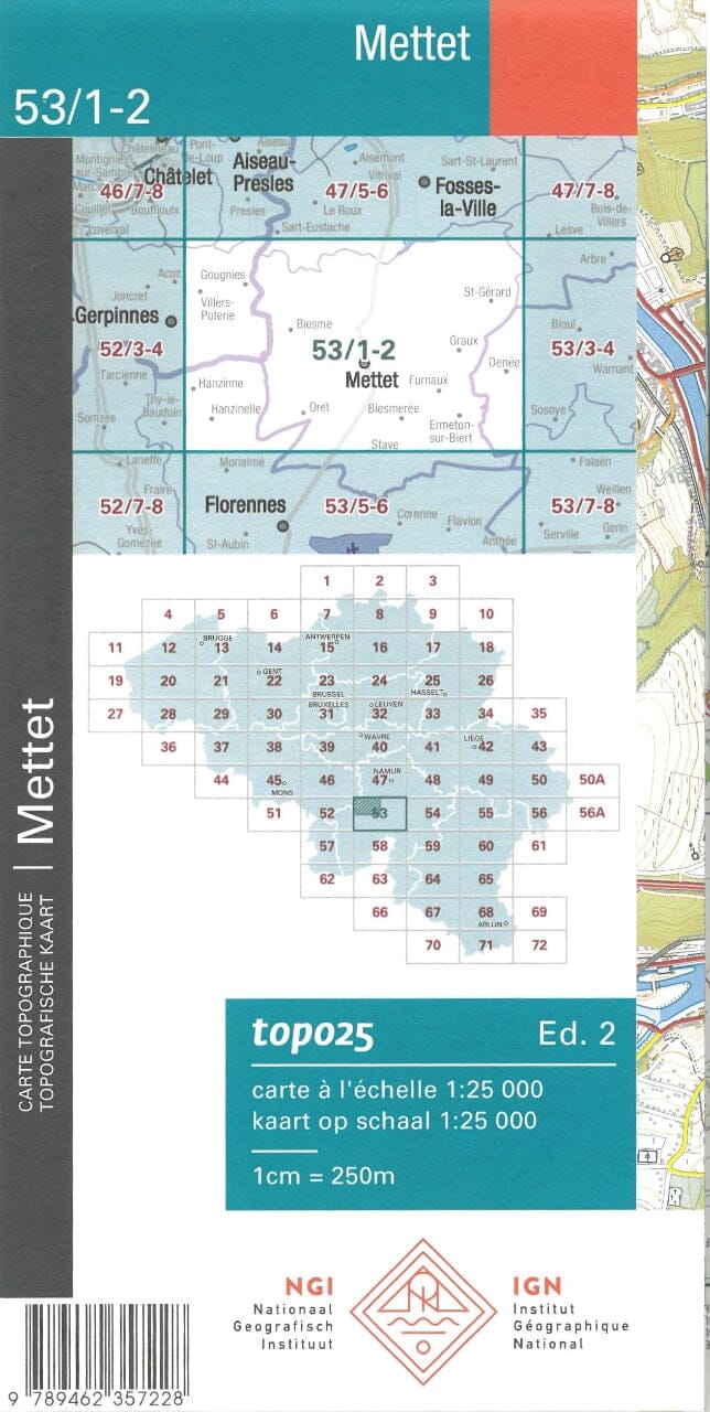 Carte topographique n° 53/1-2 - Mettet (Belgique) | NGI topo 25 carte pliée IGN Belgique 