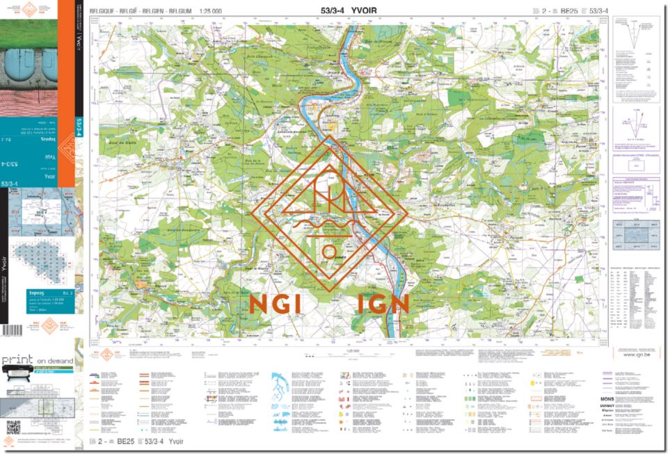 Carte topographique n° 53/3-4 - Yvoir (Belgique) | NGI topo 25 carte pliée IGN Belgique 