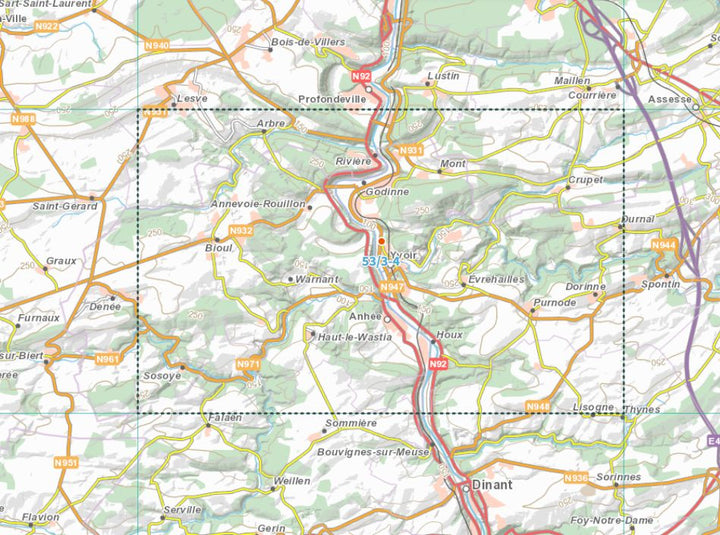 Carte topographique n° 53/3-4 - Yvoir (Belgique) | NGI topo 25 carte pliée IGN Belgique 