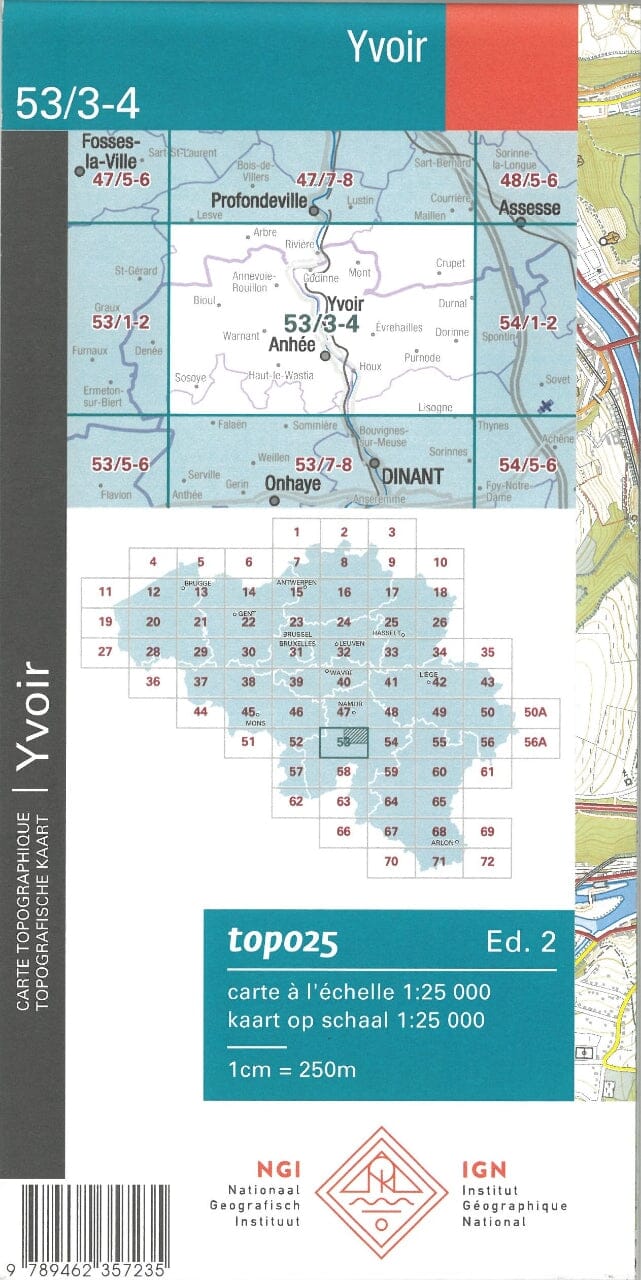 Carte topographique n° 53/3-4 - Yvoir (Belgique) | NGI topo 25 carte pliée IGN Belgique 