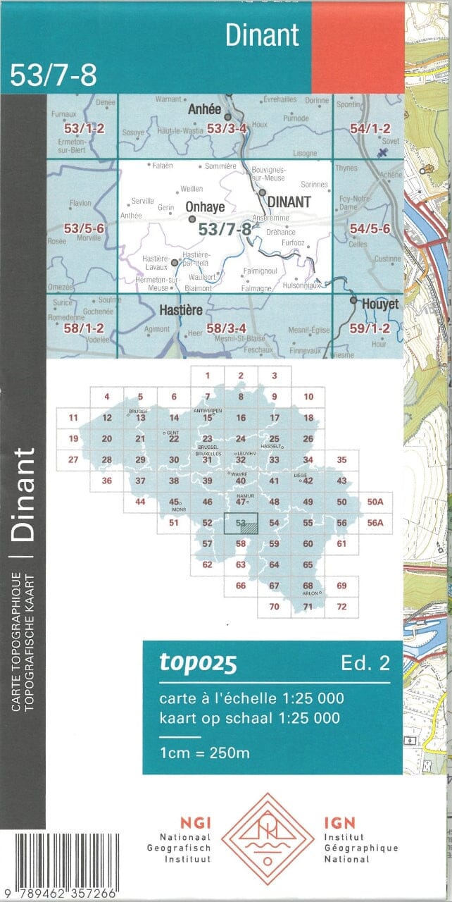 Carte topographique n° 53/7-8 - Dinant (Belgique) | NGI topo 25 carte pliée IGN Belgique 