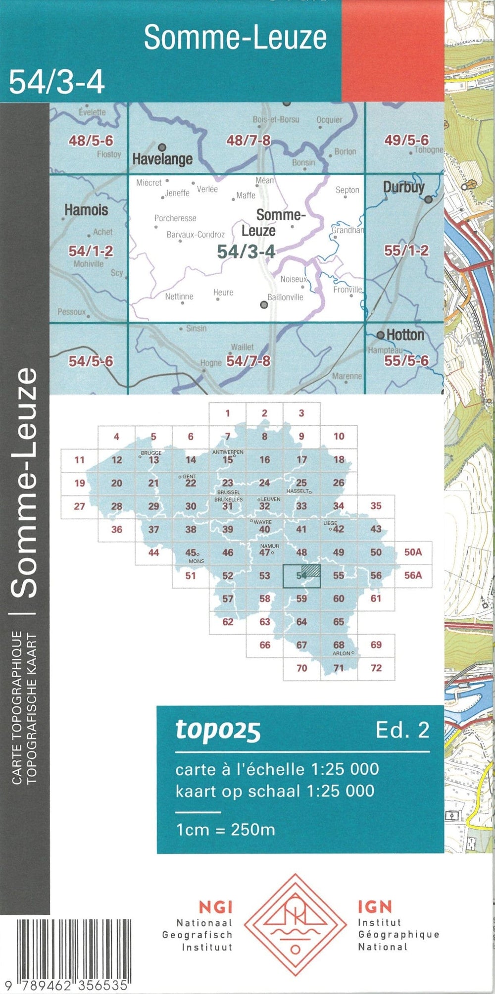 Carte topographique n° 54/3-4 - Somme-Leuze (Belgique) | NGI topo 25 carte pliée IGN Belgique 