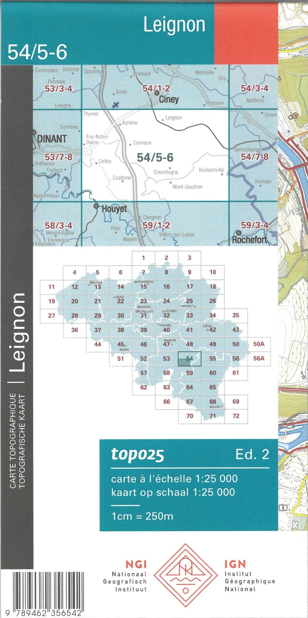 Carte topographique n° 54/5-6 - Leignon (Belgique) | NGI topo 25 carte pliée IGN Belgique 