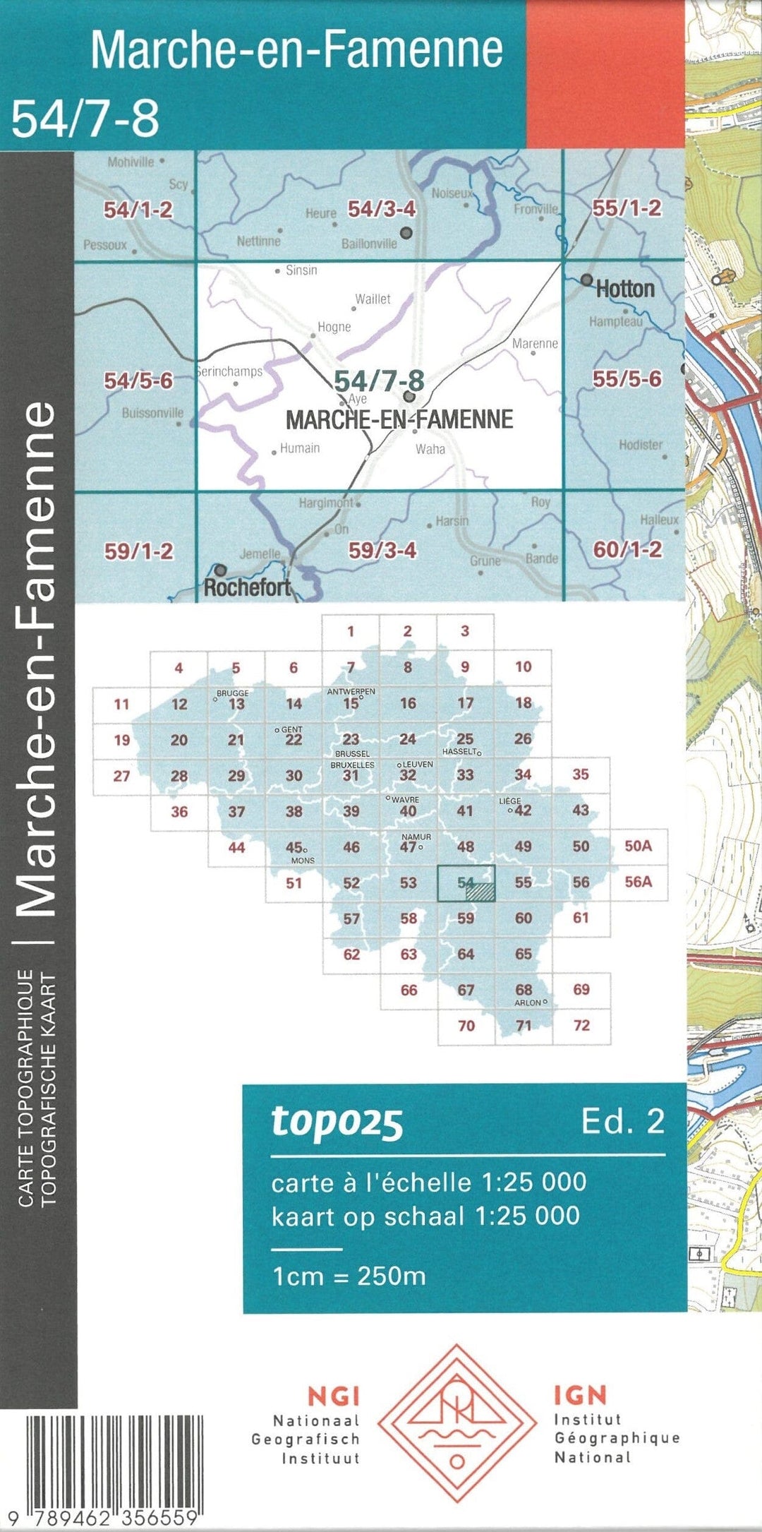 Carte topographique n° 54/7-8 - Marche-en-Famenne (Belgique) | NGI topo 25 carte pliée IGN Belgique 