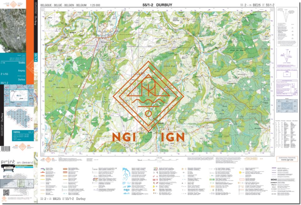 Carte topographique n° 55/1-2 - Durbuy (Belgique) | NGI topo 25 carte pliée IGN Belgique 