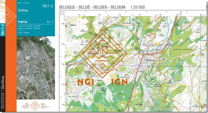 Carte topographique n° 55/1-2 - Durbuy (Belgique) | NGI topo 25 carte pliée IGN Belgique 