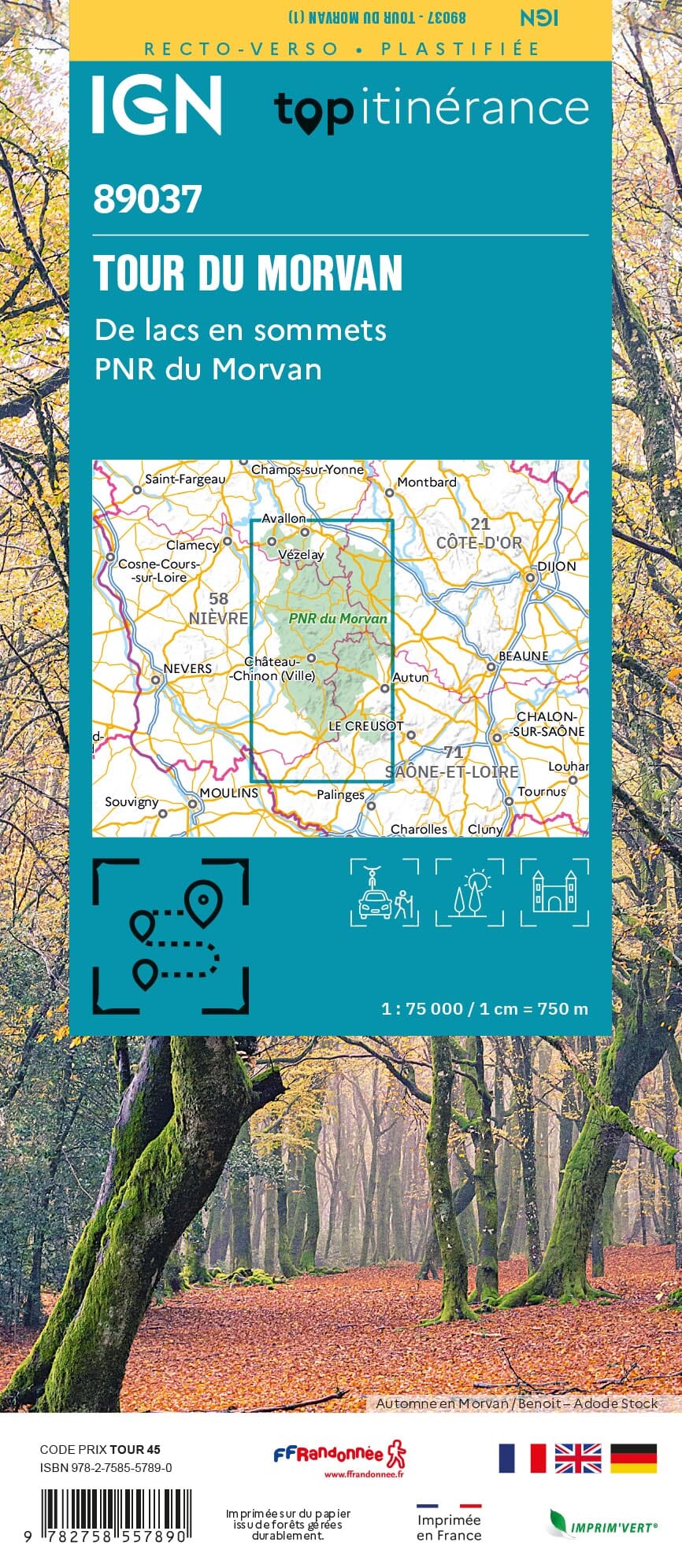 Carte touristique plastifiée - Tour du Morvan | IGN carte pliée IGN 