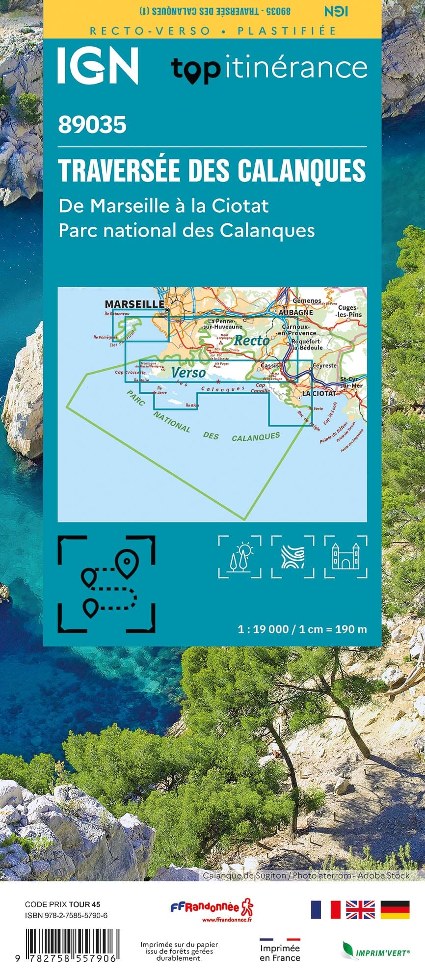 Carte touristique plastifiée - Traversée des Calanques, de Marseille à la Ciotat (PN des Calanques) | IGN carte pliée IGN 
