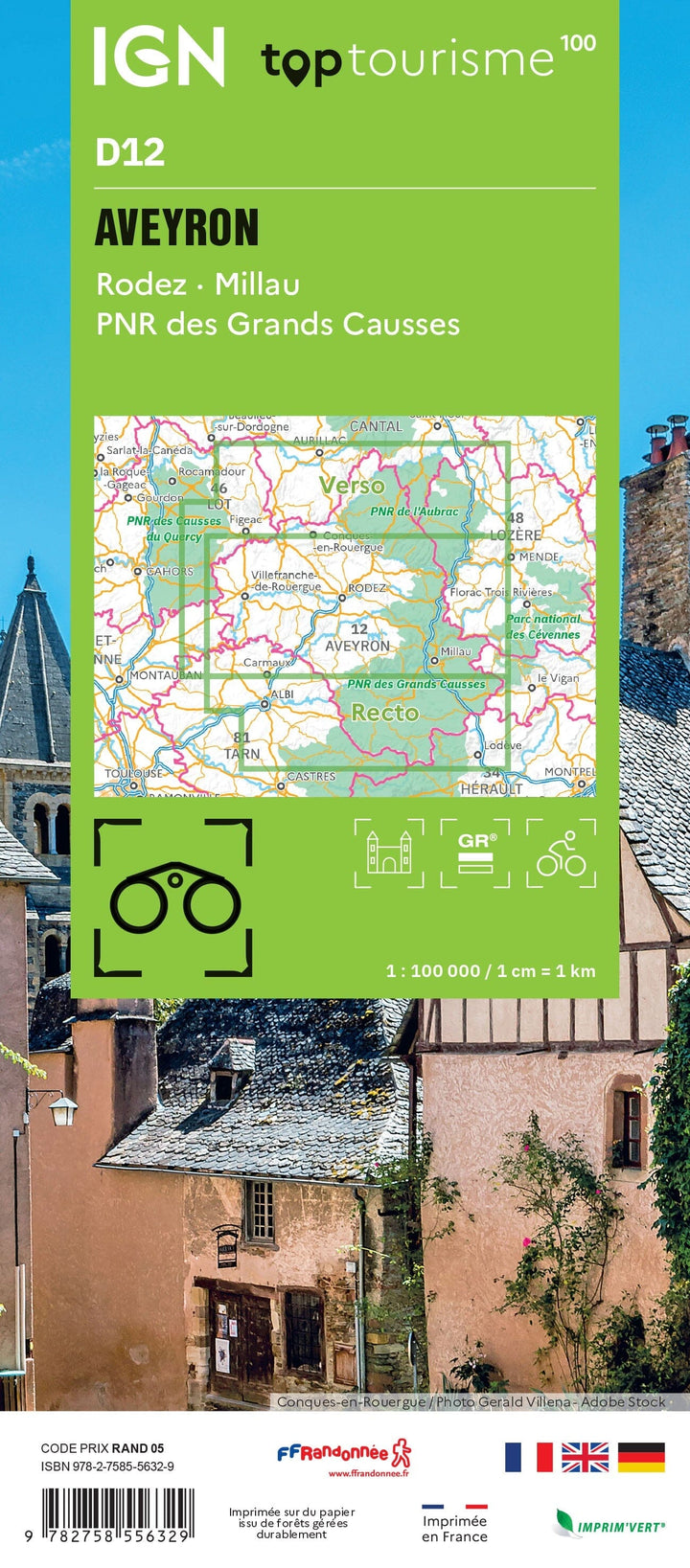 Carte touristique TOP 100 D12 - Aveyron, Rodez, Millau, Pnr des Grands Causses | IGN carte pliée IGN 