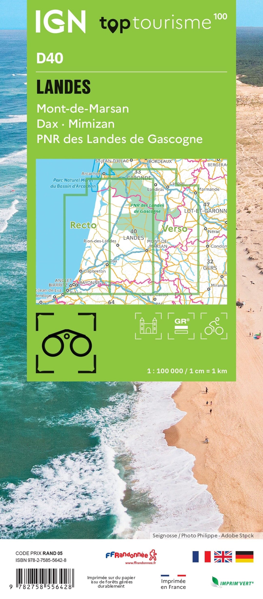 Carte touristique TOP 100 D40 - Landes, Mont De Marsan, Dax, Mimizan, Pnr des Landes de Gascogne | IGN carte pliée IGN 