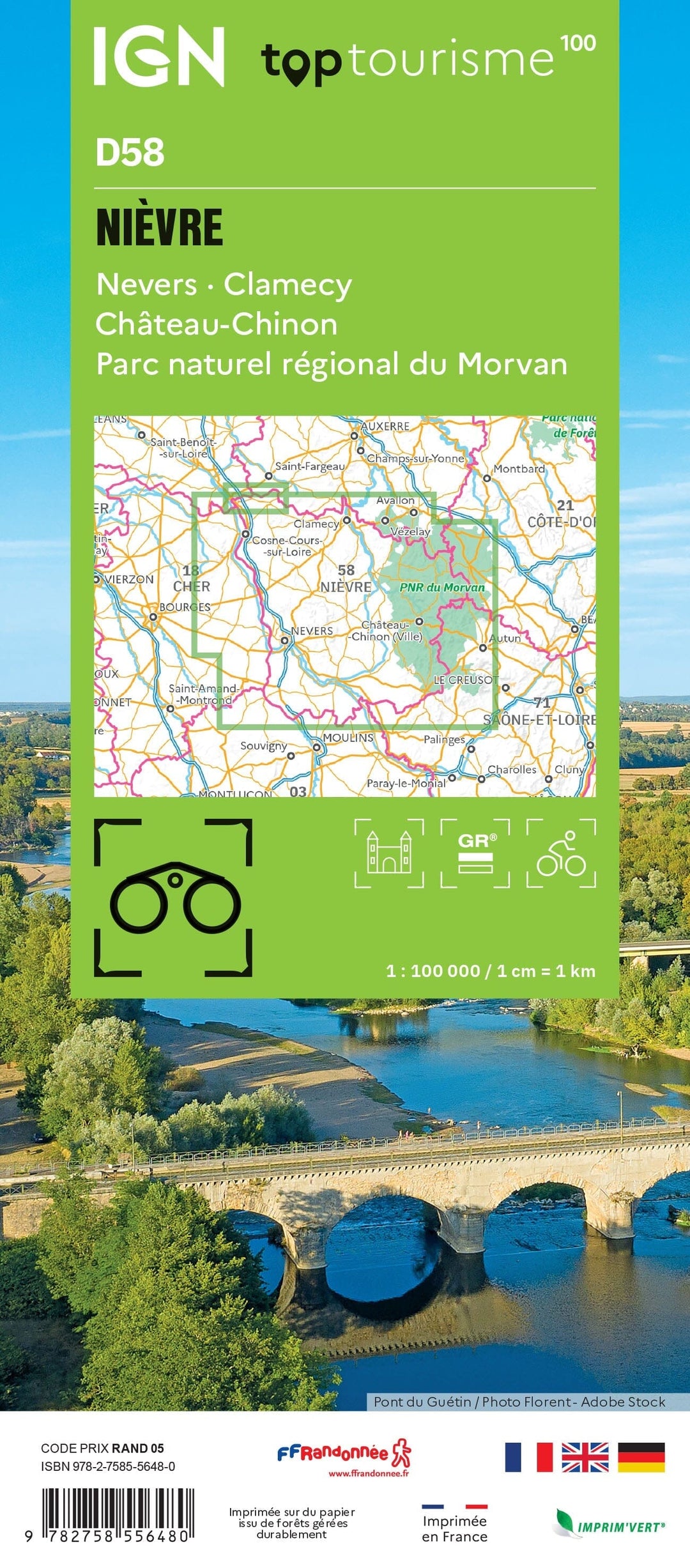 Carte touristique TOP 100 D58 - Nièvre, Nevers, Clamecy, Château Chinon, Pnr du Morvan | IGN carte pliée IGN 