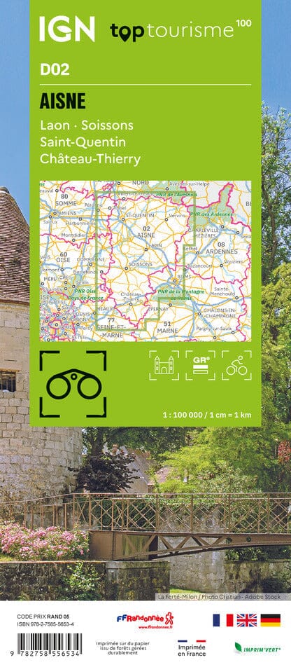 Carte touristique TOP100 D02 - Aisne : Laon, Soisson, Saint-Quentin, Château-Thierry | IGN carte pliée IGN 