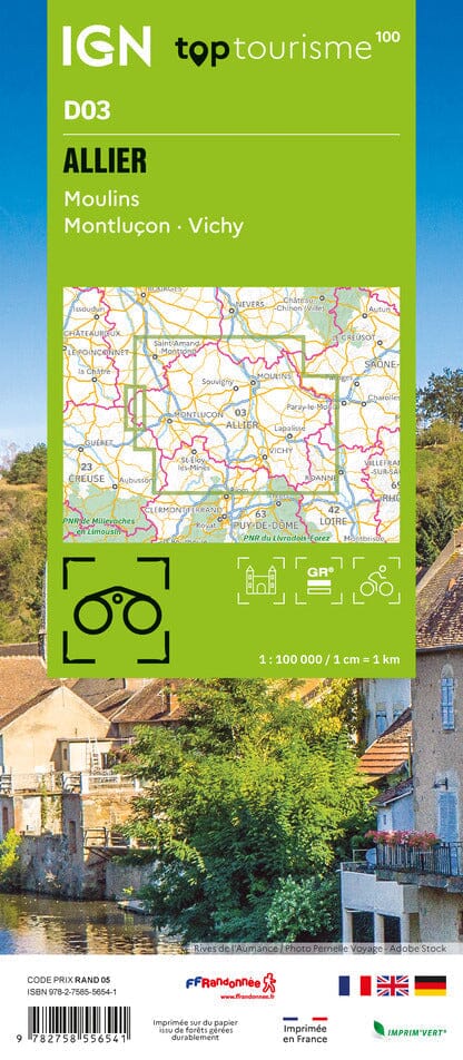 Carte touristique TOP100 D03 - Allier : Moulin, Montluçon, Vichy | IGN carte pliée IGN 