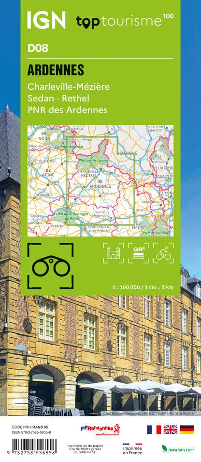 Carte touristique TOP100 D08 - Ardennes : Charleville-Mézière, Sedan, Pnr des Ardennes | IGN carte pliée IGN 