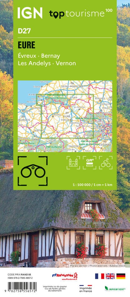 Carte touristique TOP100 D27 - Eure :Évreux, Bernay, Les Andelys, Vernon | IGN carte pliée IGN 