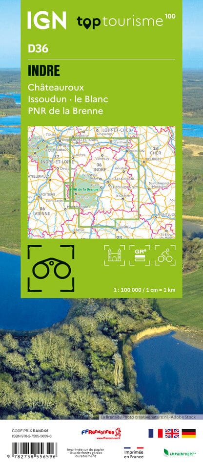 Carte touristique TOP100 D36 - Indre : Châteauroux, Issoudun, Le Blanc, Pnr de la Brenne | IGN carte pliée IGN 