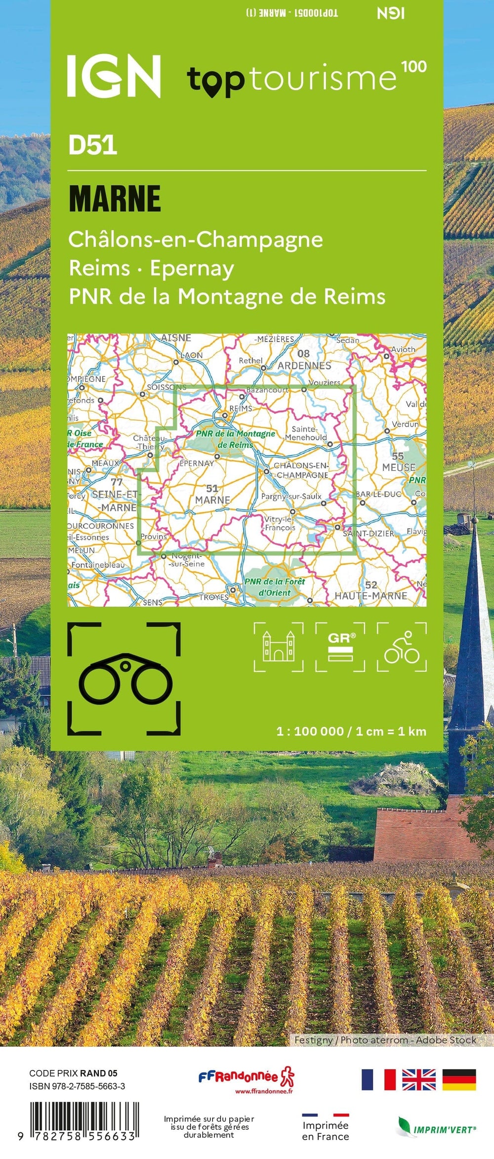 Carte touristique TOP100 D51 - Marne : Châlons-en-Champagne, Reims, Epernay, Pnr de la Montagne de Reims | IGN carte pliée IGN 