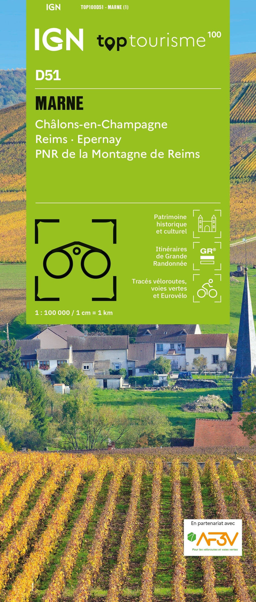 Carte touristique TOP100 D51 - Marne : Châlons-en-Champagne, Reims, Epernay, Pnr de la Montagne de Reims | IGN carte pliée IGN 