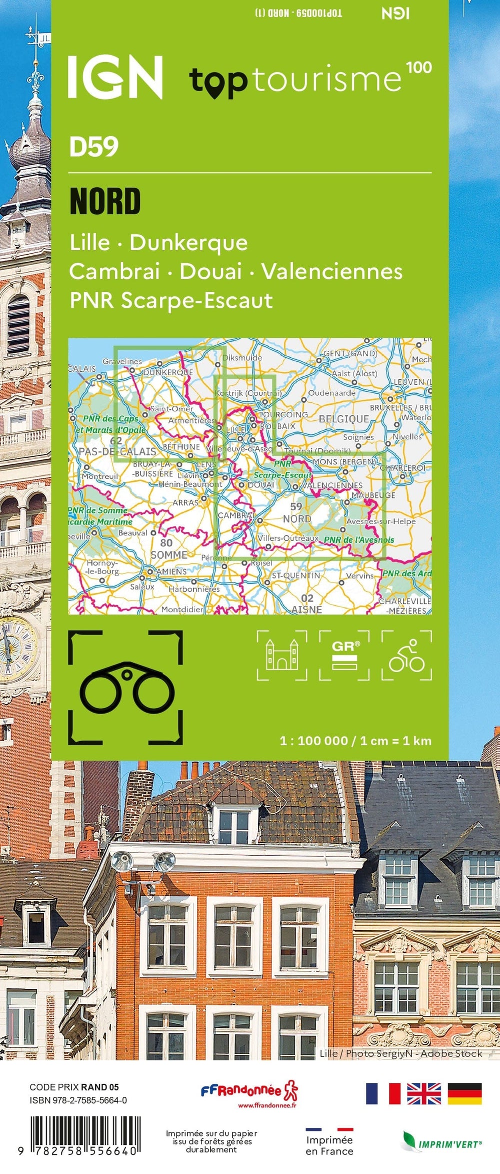 Carte touristique TOP100 D59 - Nord : Lille, Dunkerque, Cambrai, Douai, Valenciennes, Pnr Scarpe-Escaut | IGN carte pliée IGN 