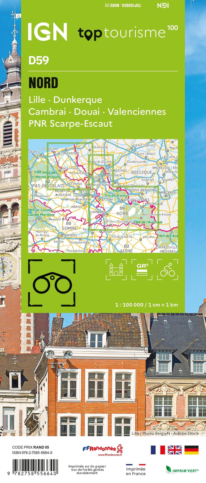 Carte touristique TOP100 D59 - Nord : Lille, Dunkerque, Cambrai, Douai, Valenciennes, Pnr Scarpe-Escaut | IGN carte pliée IGN 