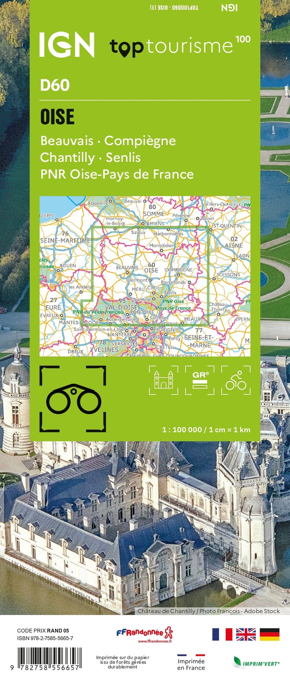 Carte touristique TOP100 D60 - Oise : Beauvais, Compiègne, Chantilly, Senlis, Pnr Oise-Pays de France | IGN carte pliée IGN 