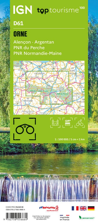 Carte touristique TOP100 D61 - Orne : Alençon, Argentan, Pnr du Perche, Pnr Normandie-Maine | IGN carte pliée IGN 