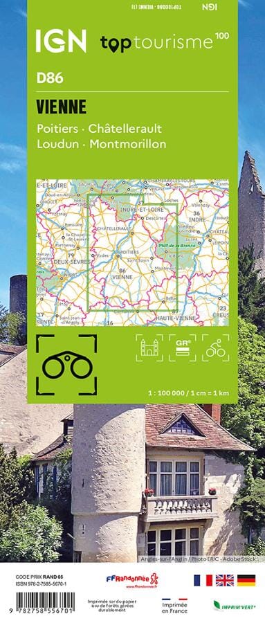 Carte touristique TOP100 D86 - Vienne : Poitiers, Châtellerault, Loudun, Montmorillon | IGN carte pliée IGN 