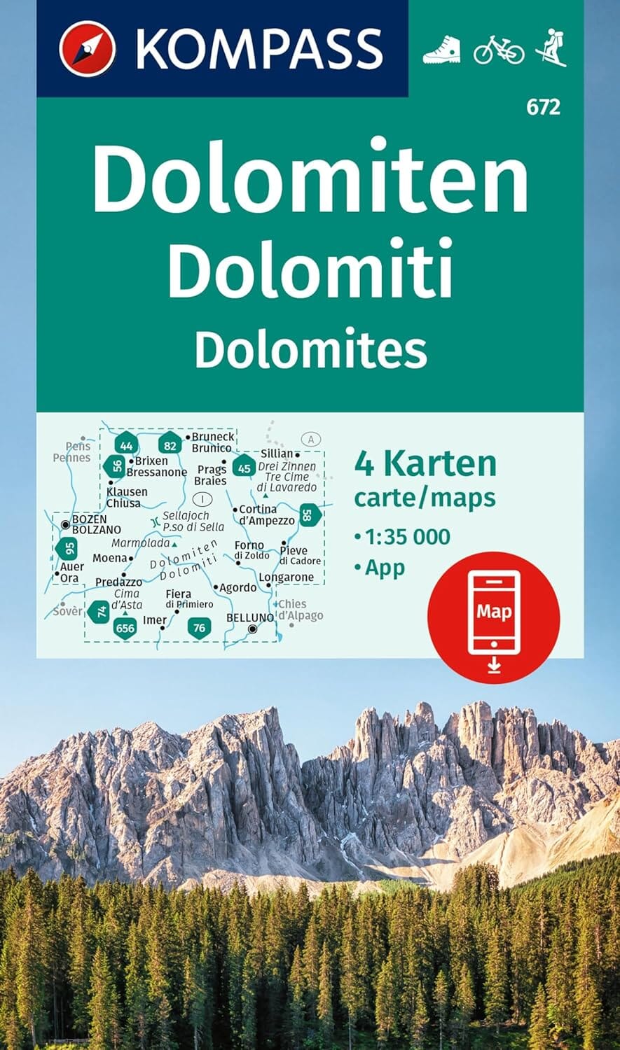 Lot de 4 cartes de randonnée n° 672 - Dolomites (Italie) | Kompass carte pliée Kompass 