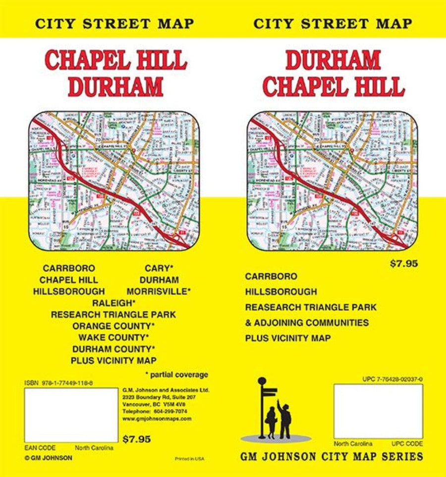 Plan des rues - Durham, Chapel Hill, Caroline du Nord | GM Johnson carte pliée GM Johnson 