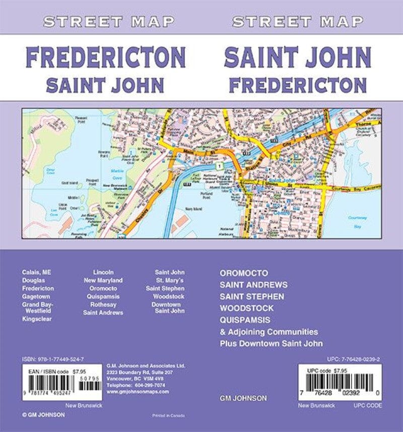 Plan des rues - Saint John, Fredericton | GM Johnson carte pliée GM Johnson 