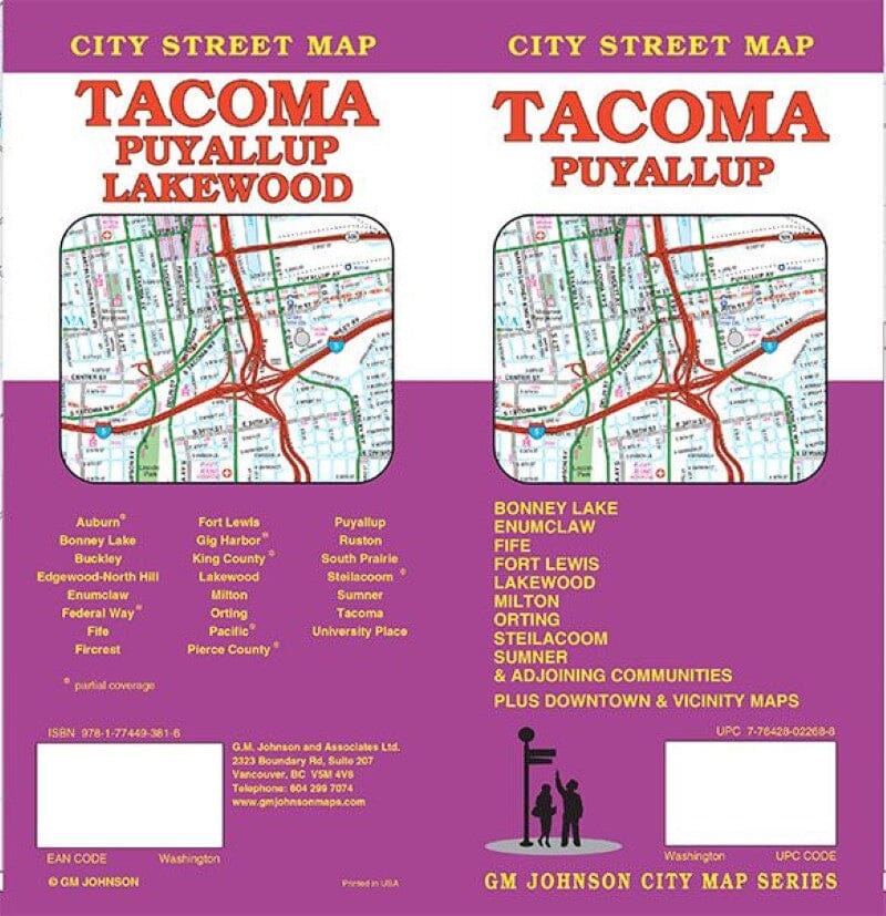 Plan des rues - Tacoma et Puyallup, Washington | GM Johnson carte pliée GM Johnson 