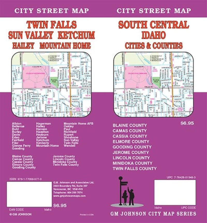 Plan des rues - Twin Falls, Sun Valley, Ketchum, Hailey, Mountain Home, Centre-sud de l'Idaho | GM Johnson carte pliée GM Johnson 