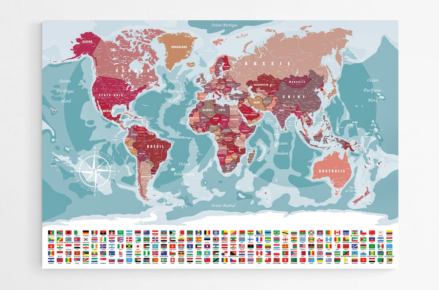 POSTER CARTE DU MONDE AVEC DRAPEAUX 100 CM X 70 CM