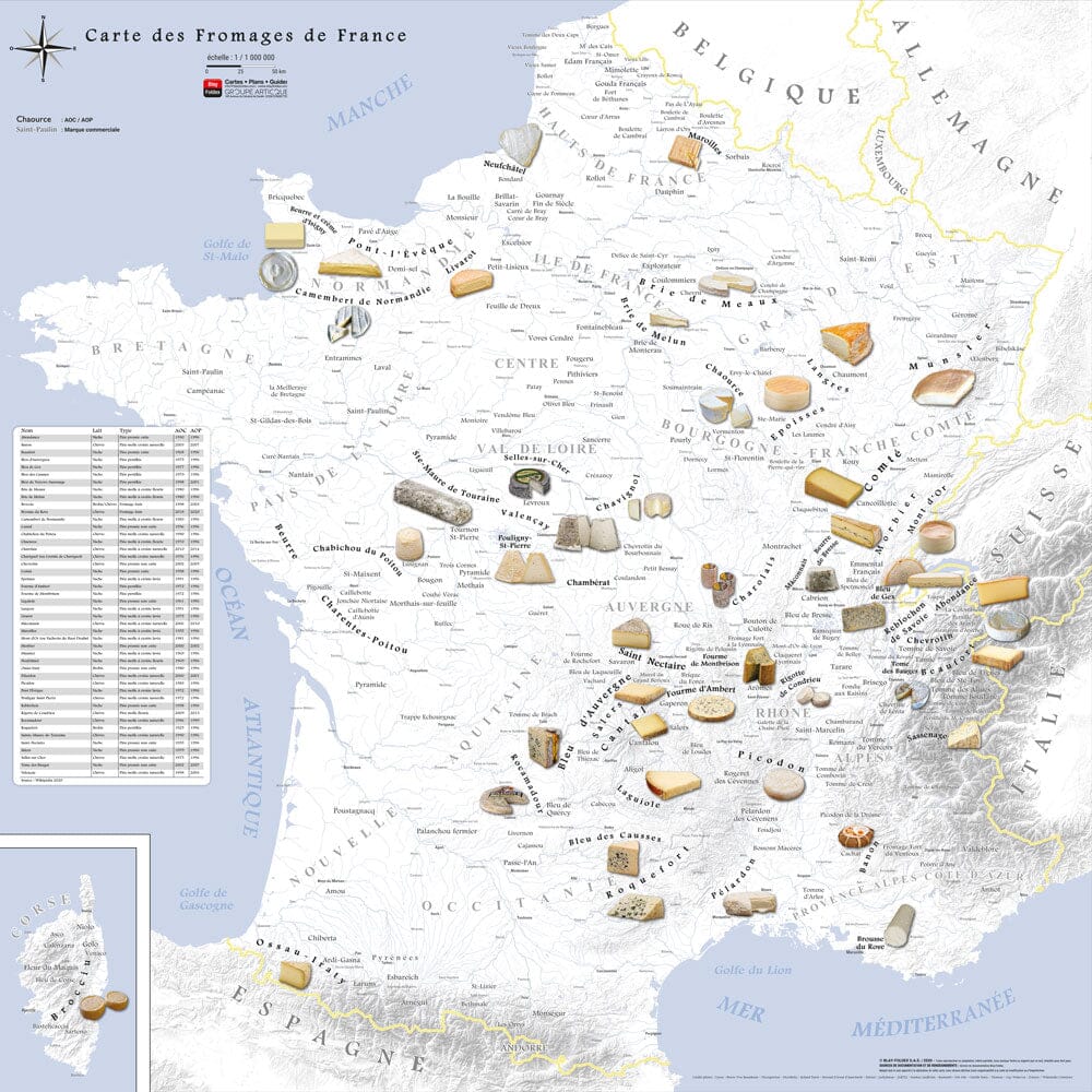Poster – Carte des fromages AOC de France (80 x 80 cm) | Blay Foldex carte murale hors dimensions Blay Foldex Fond Gris Papier 150 g avec plastification mate 