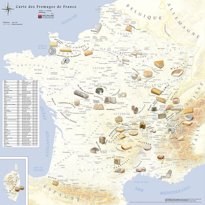 Poster – Carte des fromages AOC de France (80 x 80 cm) | Blay Foldex carte murale hors dimensions Blay Foldex Fond Jaune Papier 150 g avec plastification mate 