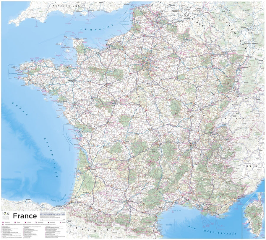 Poster plastifié - France routière - 110 x 98 cm | IGN carte murale roulée (en tube) IGN 