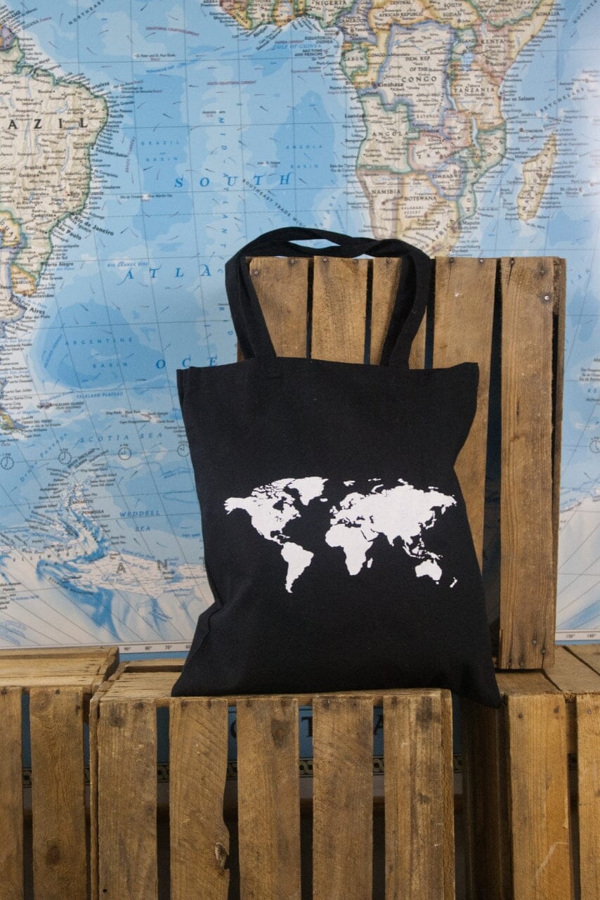 Tote bag - motif carte du monde (38 x 42 cm) accessoire de voyage Craenen noir 